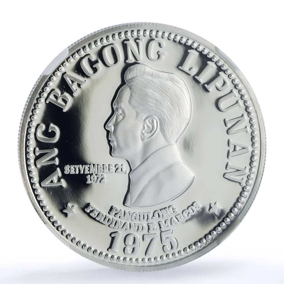 Filipinas 50 piso Nueva Sociedad Ferdinand E. Marcos PF70 NGC moneda de plata 1975 Foto 3 de 4