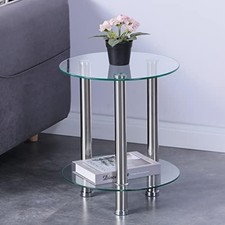 round Side Table Small Tempered Glass End Table 2-Tier Storage Sofa Tabl