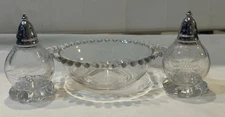 VNTG Imperial Glass Candlewick Bowl with Handles 8"& Etched Salt Pepper Shakers