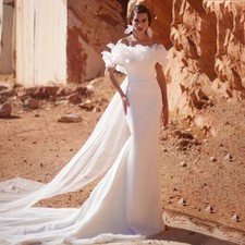 3D Flowers Wedding Dress Off Shoulder Cape Court Train Mermaid Satin Boat Neck