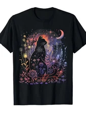 Men's & Women's Gothic Black Cat & Moon T-Shirt - Mystical Night Sky Design with