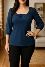 NWT, Style & Co, 3/4 Peasant  Sleeves, Square Neck Shirt, Navy, Size 1X