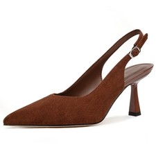 SUIARA Brown Suede Kitten Heels for Women Slingback Low Closed Pointed...