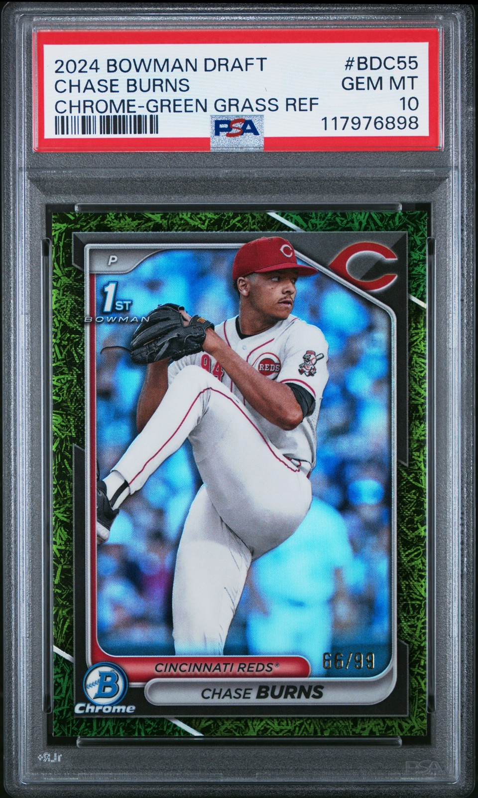 2024 BOWMAN DRAFT CHROME-GREEN GRASS REFRACTOR #BDC55 CHASE BURNS 66/99 PSA 10