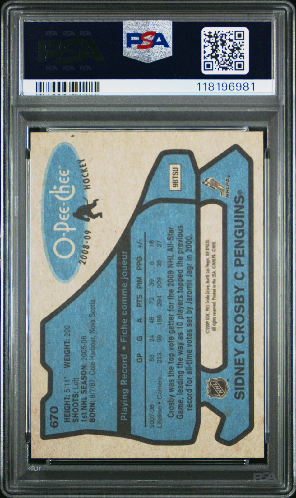 2008-09 O-Pee-Chee Sidney Crosby #670 1979-80 Retro PSA 9 view 2