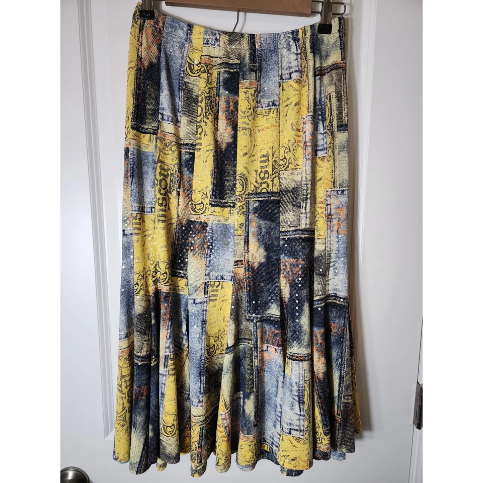 Maxi Falda Vintage JOSEPH RIBKOFF Amarilla Boho Elastizada Brillante Retazos Talla 8 Foto 2 de 4