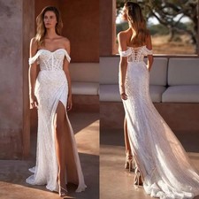 Elegant Mermaid Wedding Dresses Off The Shoulder Lace Up Back Split Bridal Gowns