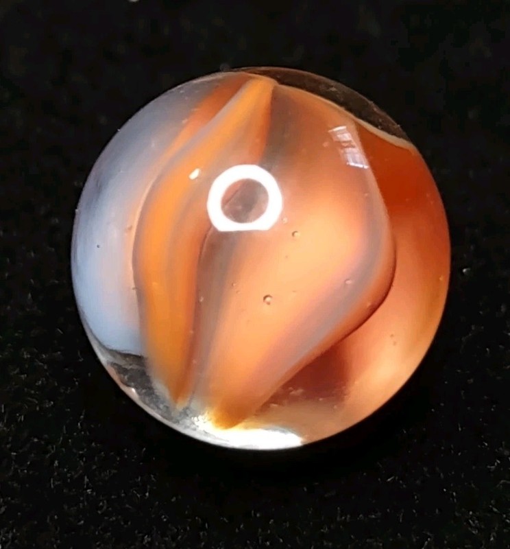Coral & Blue Lavender Clear base NM+ 4-Vane  M. King Cateye Vintage Marble .62"