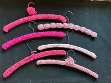 Set Of 6 Vintage Handmade Crocheted Padded Wooden Hangers - Pink