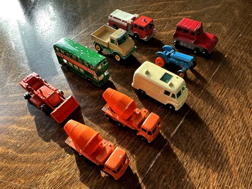 Vintage 1959 - 1970 Matchbox Lesney 9 Vehicle Lot  / TV Mixers Tractors Fire Bus