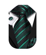 Mens Paisley Striped Tie and Handkerchief Cufflinks Tie Set Black and Green