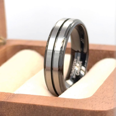 Couple Ring Gifts Black Tungsten Modern Ring Gray Matt Finish Dual Strip Band