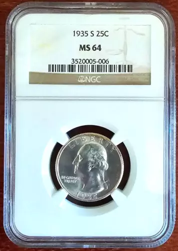 1935 S WASHINGTON QUARTER, NGC MS 64, EXTREMELY GREAT LUSTER