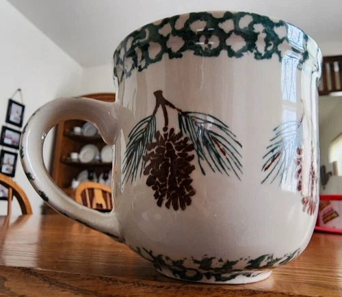 Pine Cone Mug (s) 12 oz. Stoneware Tienshan Folkcraft White Brown Green Sponge !