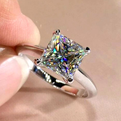 3.00Ct Princess Cut Moissanite Solitaire Engagement Ring 14K White Gold Plated