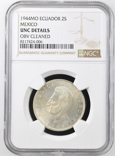 ECUADOR  2 SUCRES  1944  KM # 80  NGC UNC DETAILS.