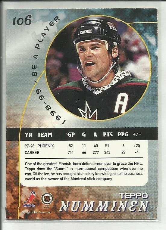 1998-99 In the Game Be A Player Gold #106 Teppo Numminen Phoenix Coyotes - Image 2 of 2