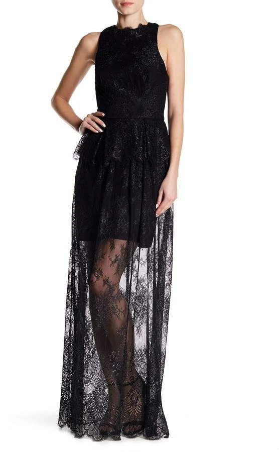 MONIQUE LHUILLIER Black Metallic Lace Peplum Halter Illusion Sheer Maxi Gown 10 - Image 3 of 4