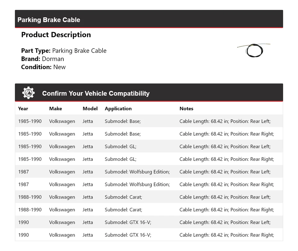 Cable de freno de estacionamiento para Volkswagen Jetta Dorman 1985-1990 1986 1987 1988 1989 Foto 2 de 4