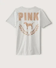 Victoria's Secret PINK Bling Campus Short Sleeve Tee Heather Gold Dog T Shirt