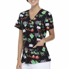 SCRUBSTAR HOLIDAY/CHRISTMAS-"Santa Night Flight" Mock Neck Scrub Top SMALL