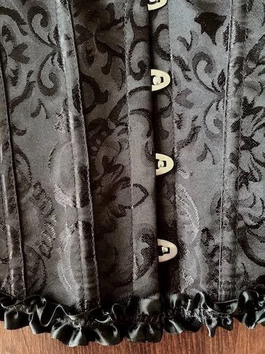 VINTAGE BLACK DAMASK CORSET BONED LACING RIBBONS METAL HOOKS SZ XS - Image 4 of 4