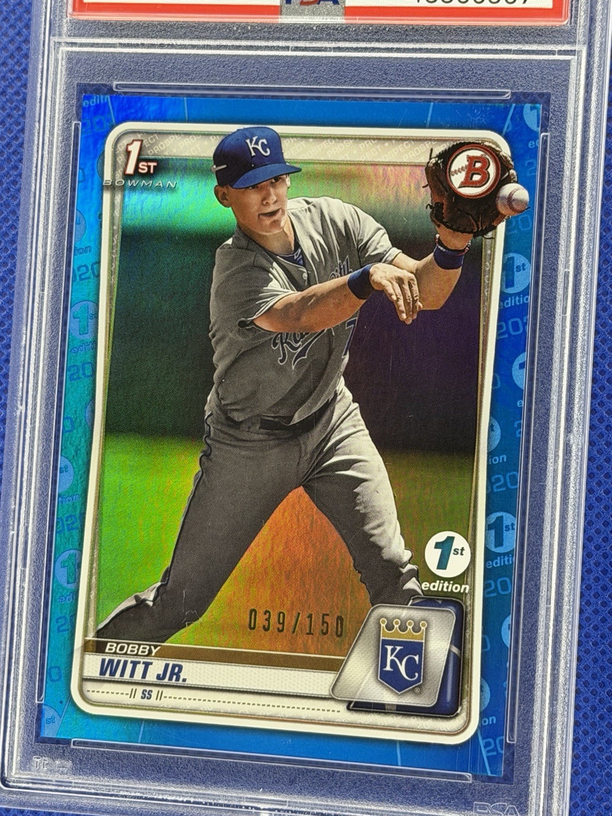 2020 Bowman 1st Edition Blue Foil 39/150 Bobby Witt Jr. #BFE25 Royals PSA 9 MINT view 3