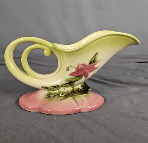 Hull Pottery Woodland Cornucopia Vase Chartreuse & Pink Glossy W 10-11 USA