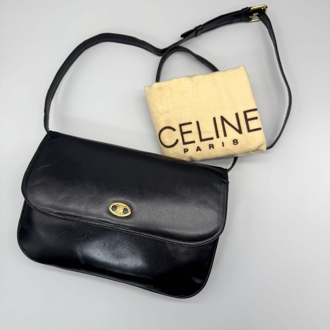 Celine Vintage Triomphe Black Leather Shoulder Bag Excellent Condition  
