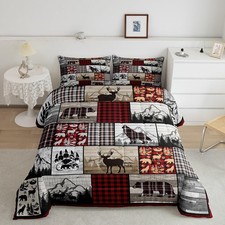 Plaid Deer Elk Bear Wolf Comforter Set for Girls Boys Rustic Cabin Farm Fores...