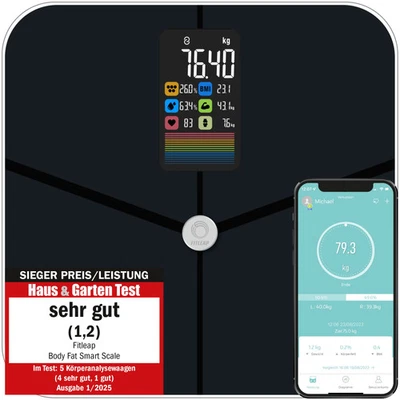 Fitleap Waage mit Körperfett- & Muskelanalyse bis 180kg, mit großen Display &…