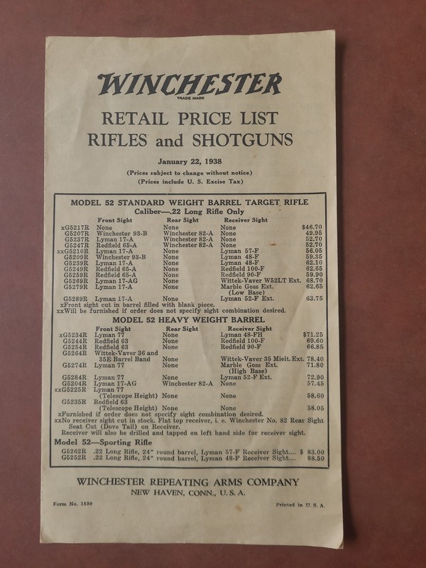 Winchester Repeating Arms Co Rifles & Shotguns Retail Price List Catalog 1938