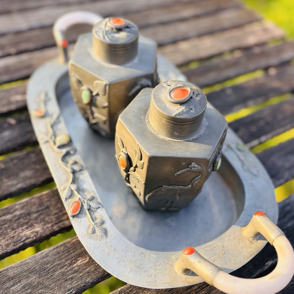Caddies de té chinos antiguos de peltre con bandeja asas de jade piedras semipreciosas Foto 4 de 4