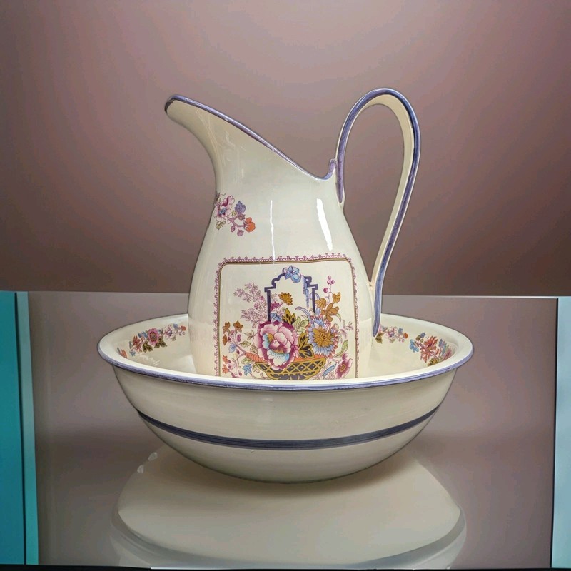 Italian Pitcher Antique 12” Striped Wash Basin White Floral Multicolor