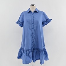 Quince Organic Cotton Tiered Mini Shirt Dress Womens Size S Blue Ruffle Sleeve