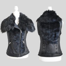 GUESS Posh Black Faux Leather Fur Vest Zip Up Tie Back Size S