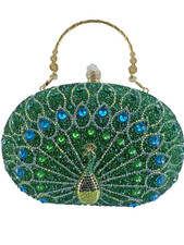 Peacock GREEN Rhinestone Evening Bag Luxury Beaded Clutch Purse Gold Trim Chain