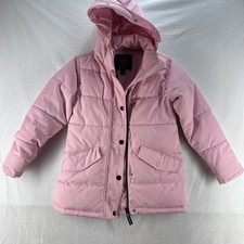 Swiss Tech Puffer Jacket Girls Size 7-8 Pink Removable Hood Full Zip And Button