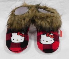NWT-Toddler Girl's Buffalo Plaid Fur Trimmed Hello Kitty Slippers-Red/Blk-11/12
