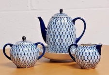 Lomonosov Russian Imperial Porcelain 22k Gold Cobalt Net Coffee/tea 4-pc Set