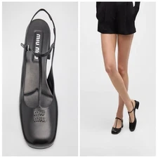 MIU MIU Nero Black Leather T-Strap Mary Jane Slingback Pumps Heels 38.5 NIB New