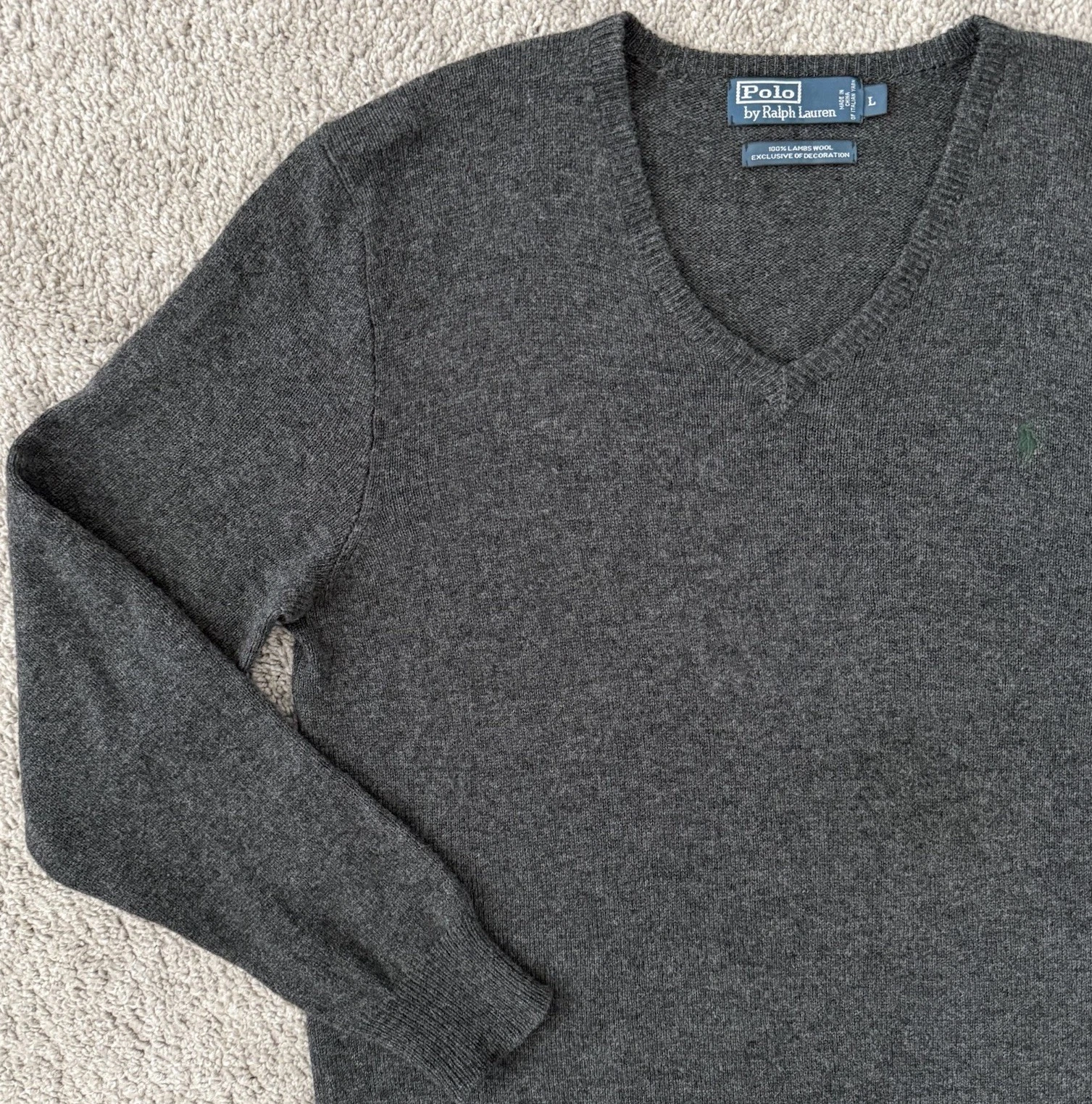 Polo Ralph Lauren Sweater Men's Large Gray Pullover 100% Lambs Wool V-Neck
