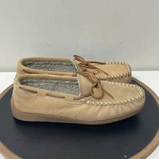 Minnetonka Moccasin Slippers Men 9M Leather Faux Fur Lined Beige