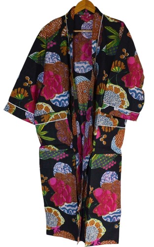 Langes indisches Baumwoll-Kimono-Kleid Blumendruck Baumwolle Hippie Maxi Damen Nachtwäsche - Bild 5 von 6