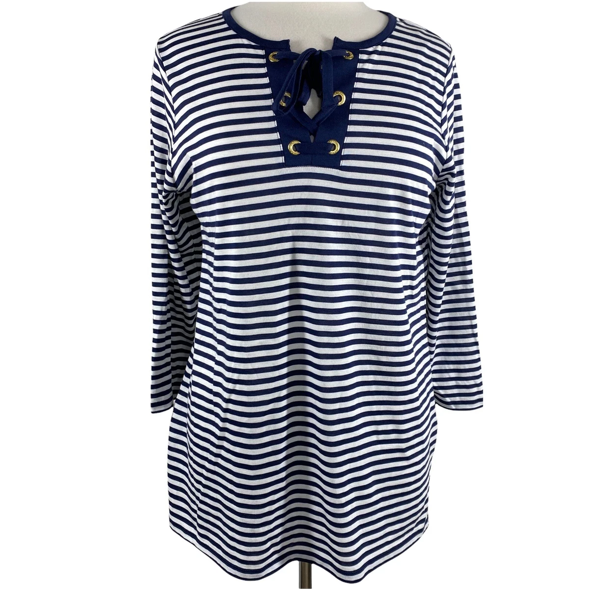 Michael Kors Navy Blue Striped Lace Up Neck 3/4 Sleeve Tunic Top Nautical Size M