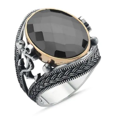 Bague Chevalière Homme Argent Massif 925 Ancre Marin Serti Zircon