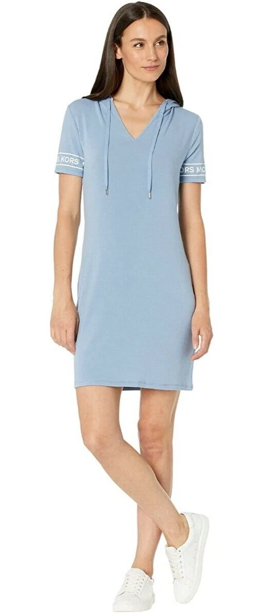 Abito donna Michael Kors felpa con cappuccio Terry logo manica chambray blu chiaro taglia XS