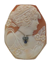 Vintage shell cameo hand carved profile lady with white gold pendant necklace