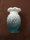 3.5 Inch Vintage Blue Collectable Hobnail Vase, Frosted/Ruffled Top & Dot Design