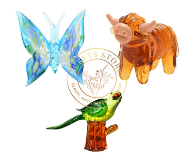 Objets d'Art mundgeblasene Glasfigur Schmetterling Kuh Papagei Sammlerstück Ornamente